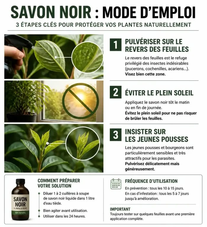 Infographie sur l'application du savon noir contre les pucerons au jardin