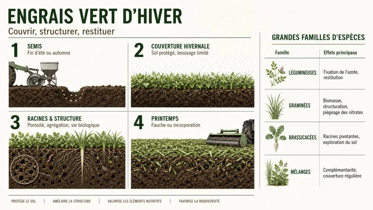 Infographie sur l’engrais vert hiver : espèces à semer, périodes de semis et effets sur le sol