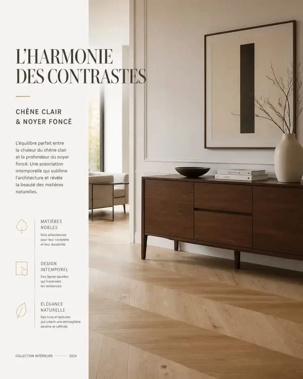 Décoration bois intérieur maison : contraste entre bois clair et bois sombre dans un salon moderne
