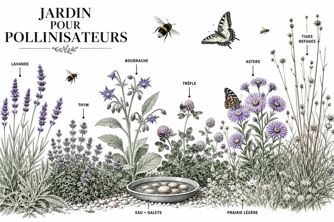 Attirer les pollinisateurs au jardin avec des plantes mellifères, une coupelle d’eau et des abeilles dans un massif diversifié