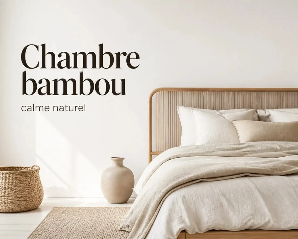 Décoration bambou intérieur dans une chambre apaisante avec tête de lit en bambou et tons clairs