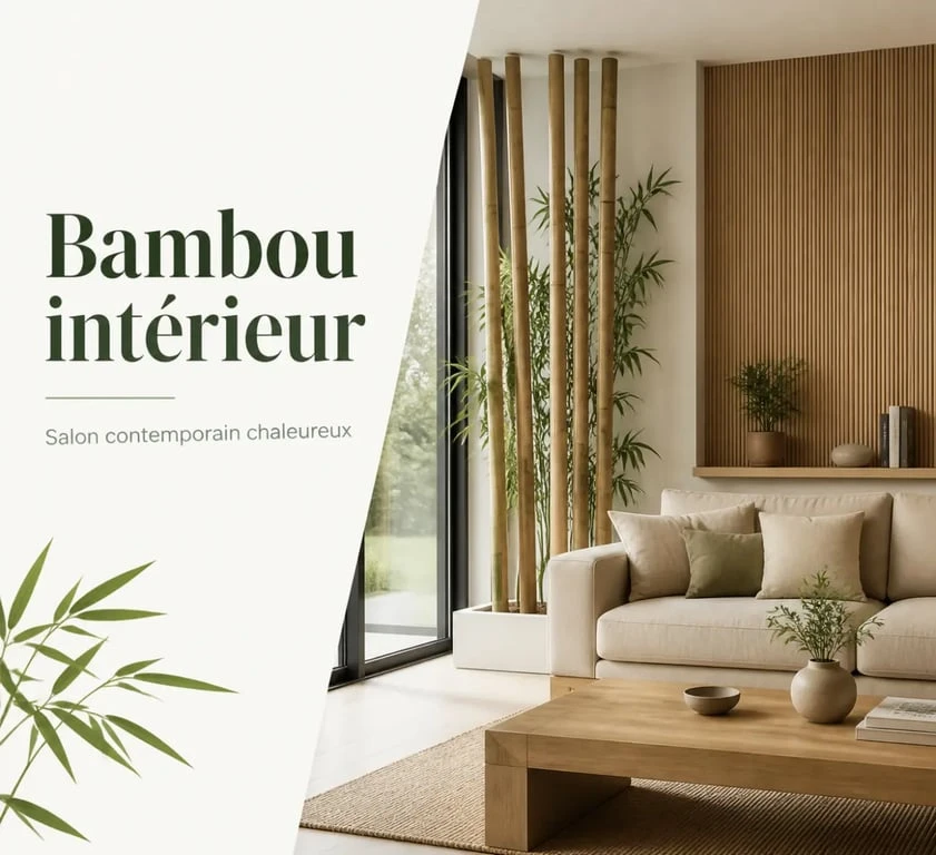 Décoration bambou intérieur dans un salon contemporain avec cannes de bambou et panneau mural naturel