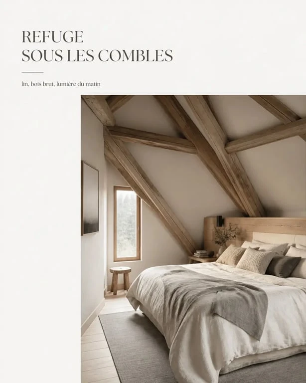 Décoration intérieur chalet bois : chambre sous les combles avec linge de lit texturé et bois brut