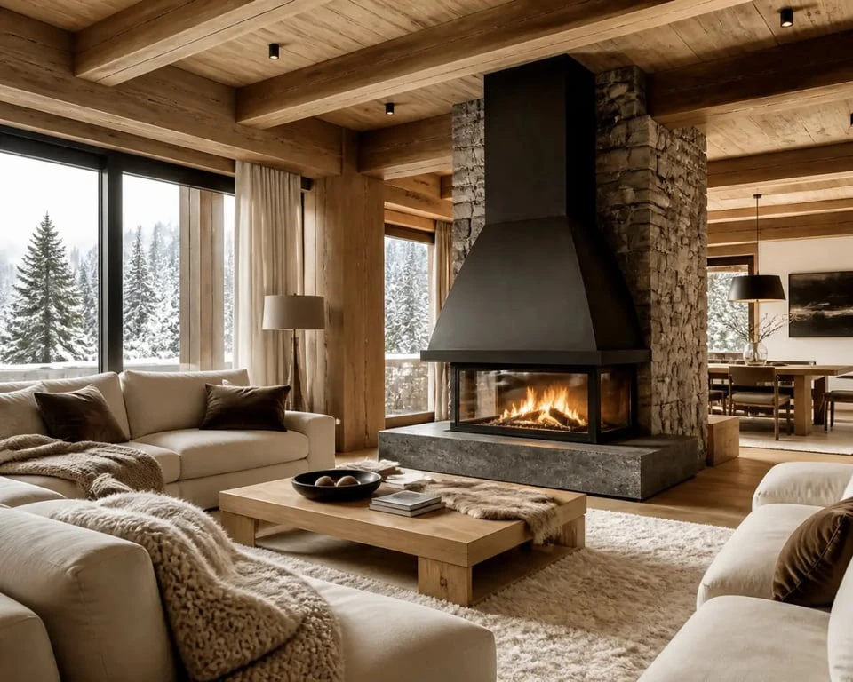 Décoration intérieur chalet bois : salon cosy avec cheminée, poutres apparentes et textiles chaleureux