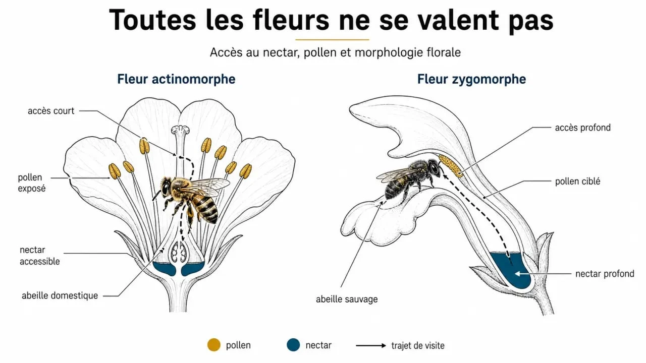 Plantes mellifères : schéma des fleurs actinomorphes et zygomorphes pour les abeilles