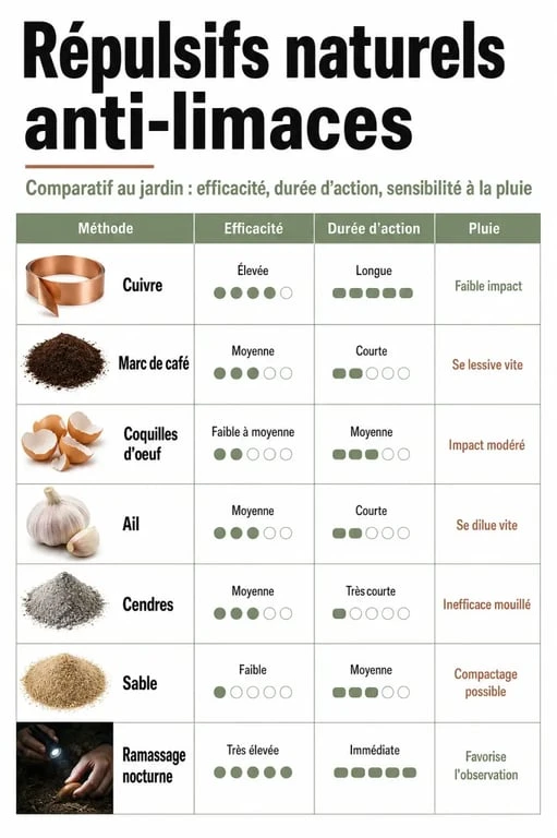 Répulsif naturel limace : tableau comparatif visuel des solutions au jardin