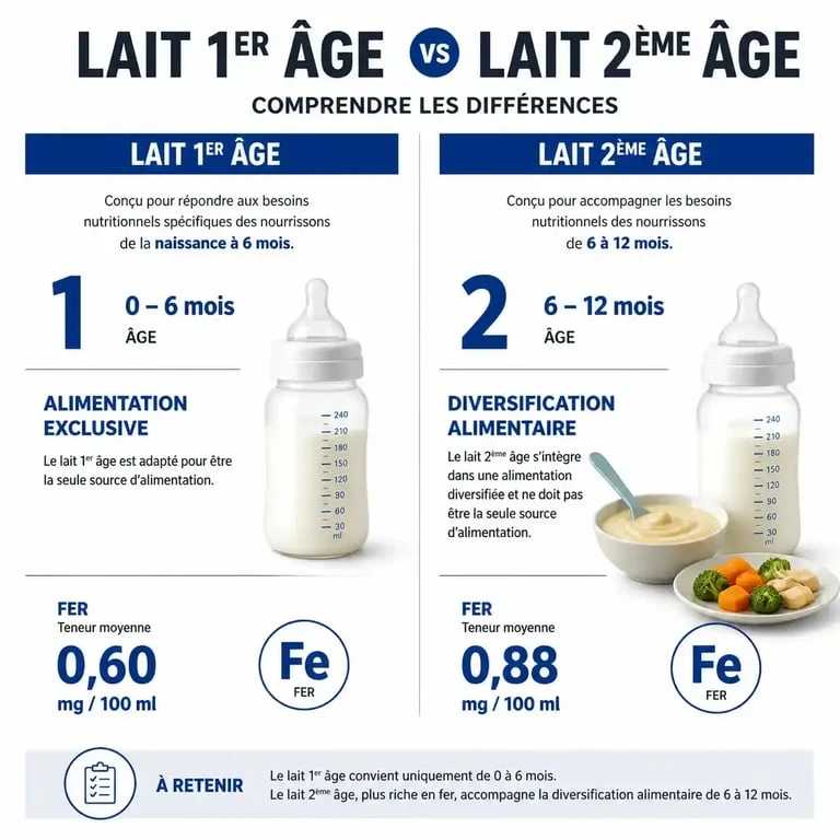 Infographie comparative des apports nutritionnels entre lait 1er âge et lait 2ème âge pour bébé