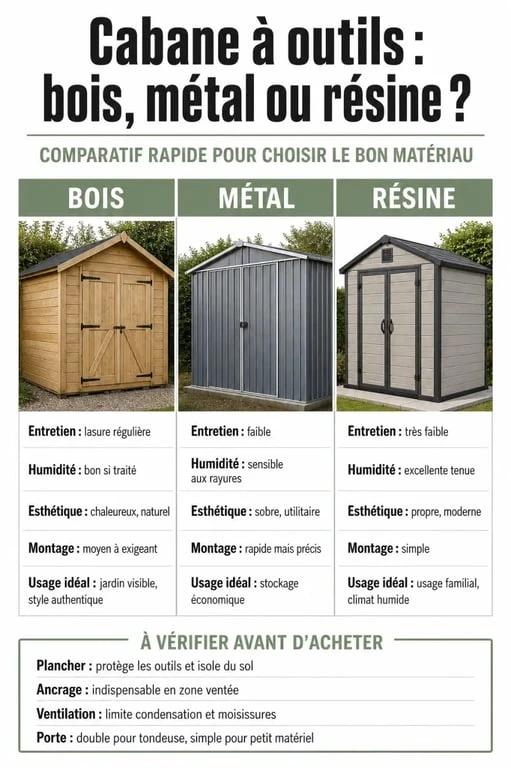 Cabane à outil de jardin : comparaison des matériaux bois, métal et résine