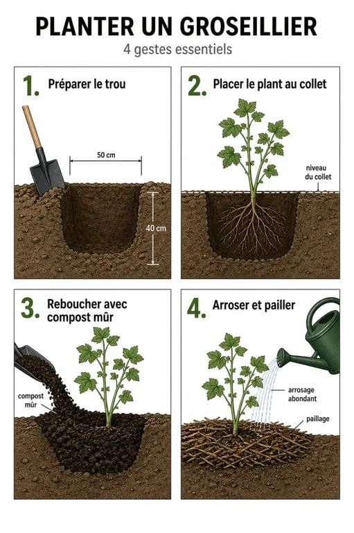 Planter groseiller en 4 étapes au jardin : trou, plantation, arrosage et paillage