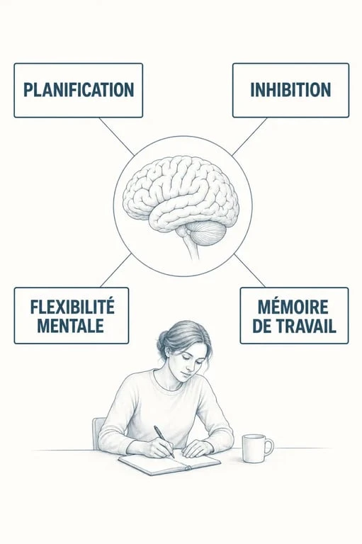 Schéma du dys exécutif montrant les fonctions planification, inhibition, flexibilité et mémoire de travail