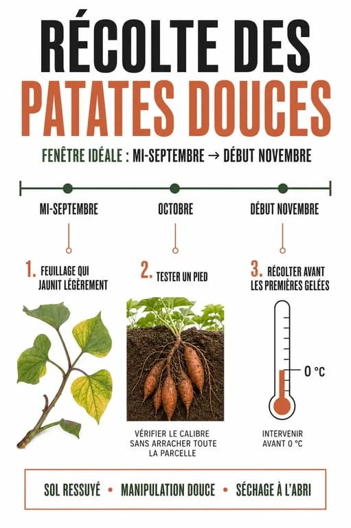 Quand récolter les patates douces : fenêtre de récolte, signes de maturité et limite avant gel