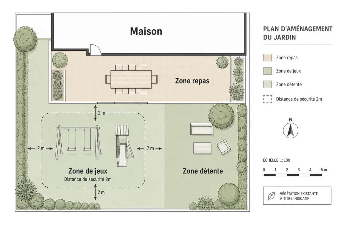 Schéma d'aménagement pour un espace de jeux dynamique dans un jardin familial avec zones de sécurité