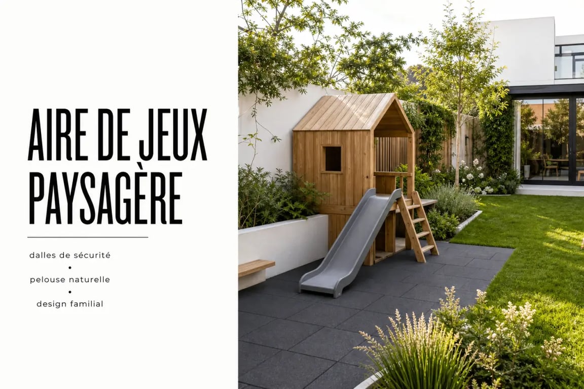 Aménagement d'un espace de jeux dynamique dans son jardin familial avec sol amortissant en dalles