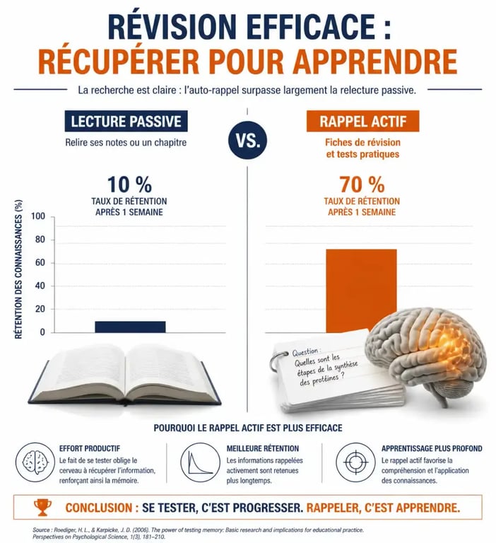 Infographie comparative entre la relecture passive et la récupération active pour aider son lycéen à réviser efficacement