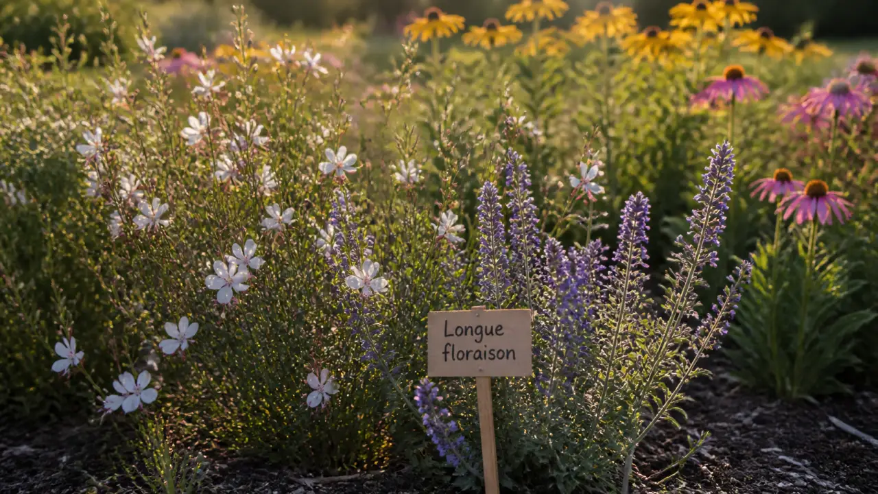 Fleur vivace longue floraison : gaura et népéta en massif en plein soleil