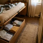 Lit pour petit chambre : lit coffre ouvert avec rangements