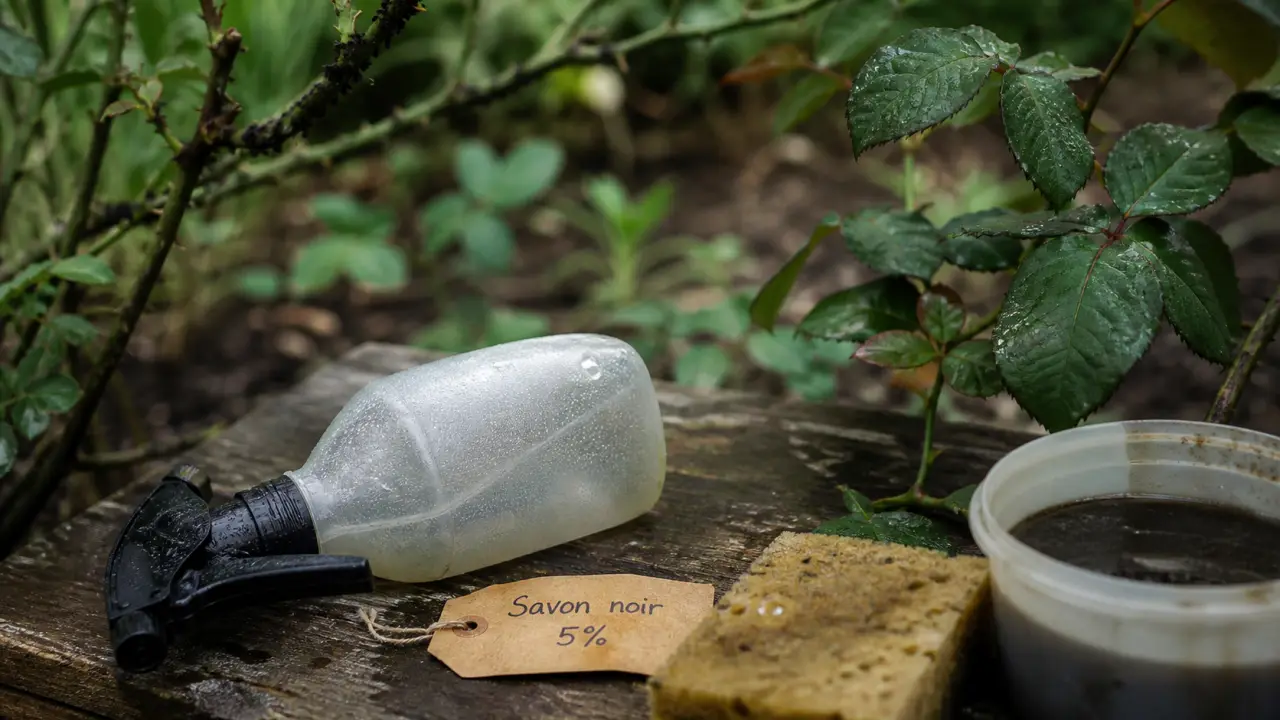 Savon noir pucerons : pulvérisateur sur feuilles, dosage 5%