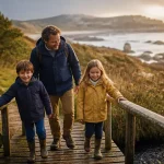 Activités enfants Morbihan : père et enfants sur un sentier côtier du Golfe du Morbihan