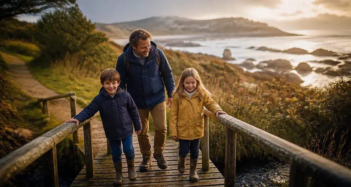 Activités enfants Morbihan : père et enfants sur un sentier côtier du Golfe du Morbihan