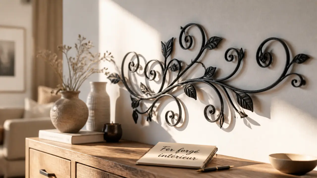 Décoration fer forgé intérieur noir à volutes, motif végétal