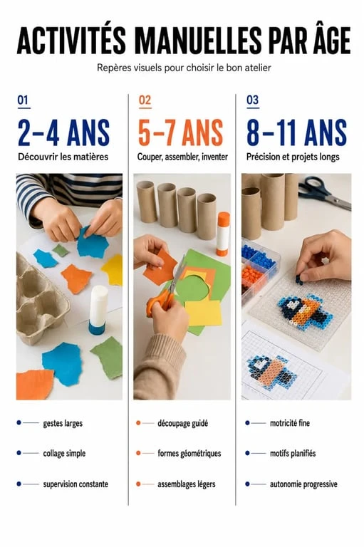 Activités manuelles enfants : synthèse visuelle par âge, matériel et niveau d’autonomie