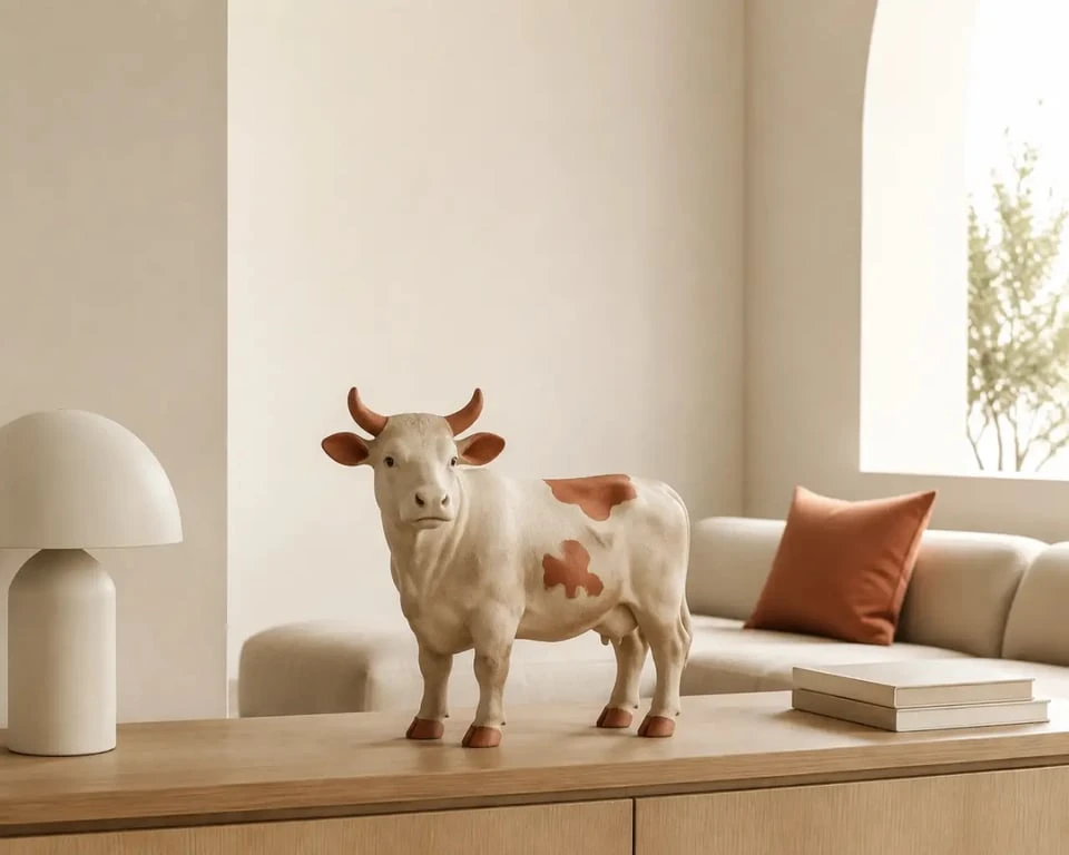 Vache décoration intérieur mise en scène sur une console dans un salon