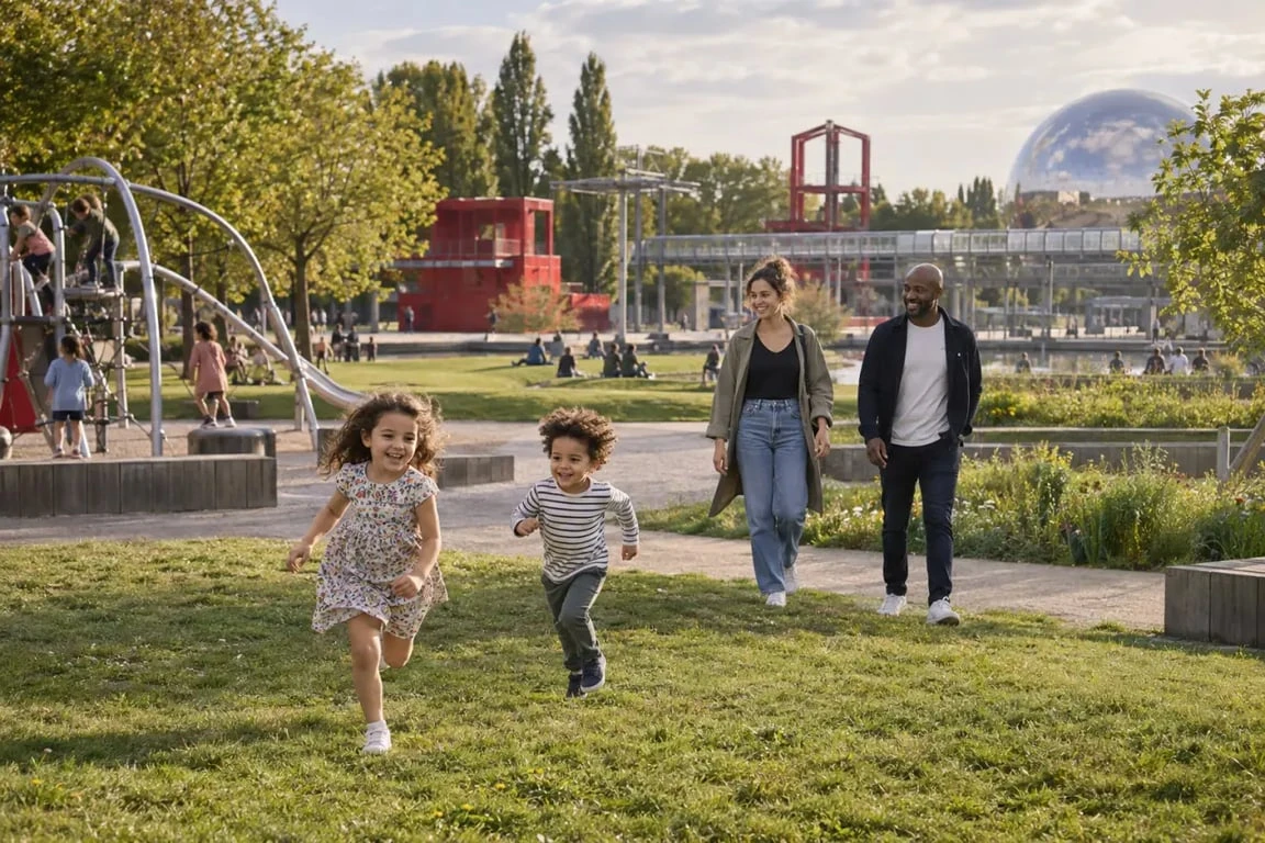 Activités enfants au parc de la Villette dans un espace extérieur familial