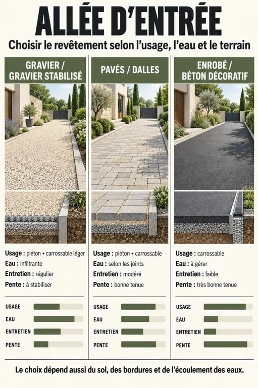 Infographie sur l’aménagement d’une allée d’entrée de maison selon le revêtement, l’usage et le drainage