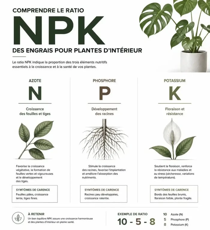 Schéma NPK expliquant le rôle de l'engrais pour plantes d'intérieur