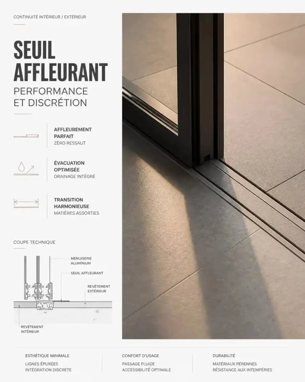 Raccord de seuil entre intérieur et terrasse devant maison