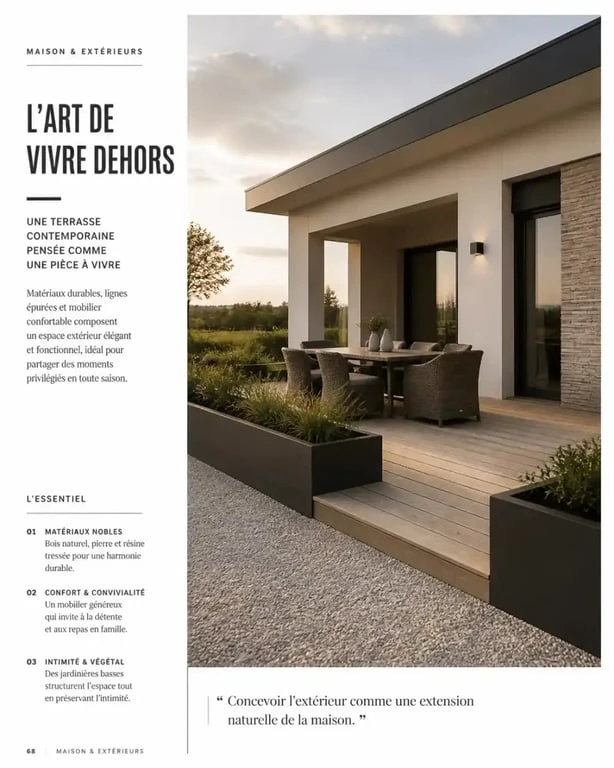 Aménagement terrasse devant maison avec mobilier tressé et jardinières basses