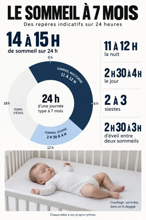Infographie sur le sommeil bébé 7 mois : heures de sommeil, siestes et temps d’éveil