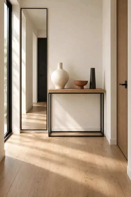 Site décoration intérieur : entrée étroite avec miroir, console et accessoires décoratifs