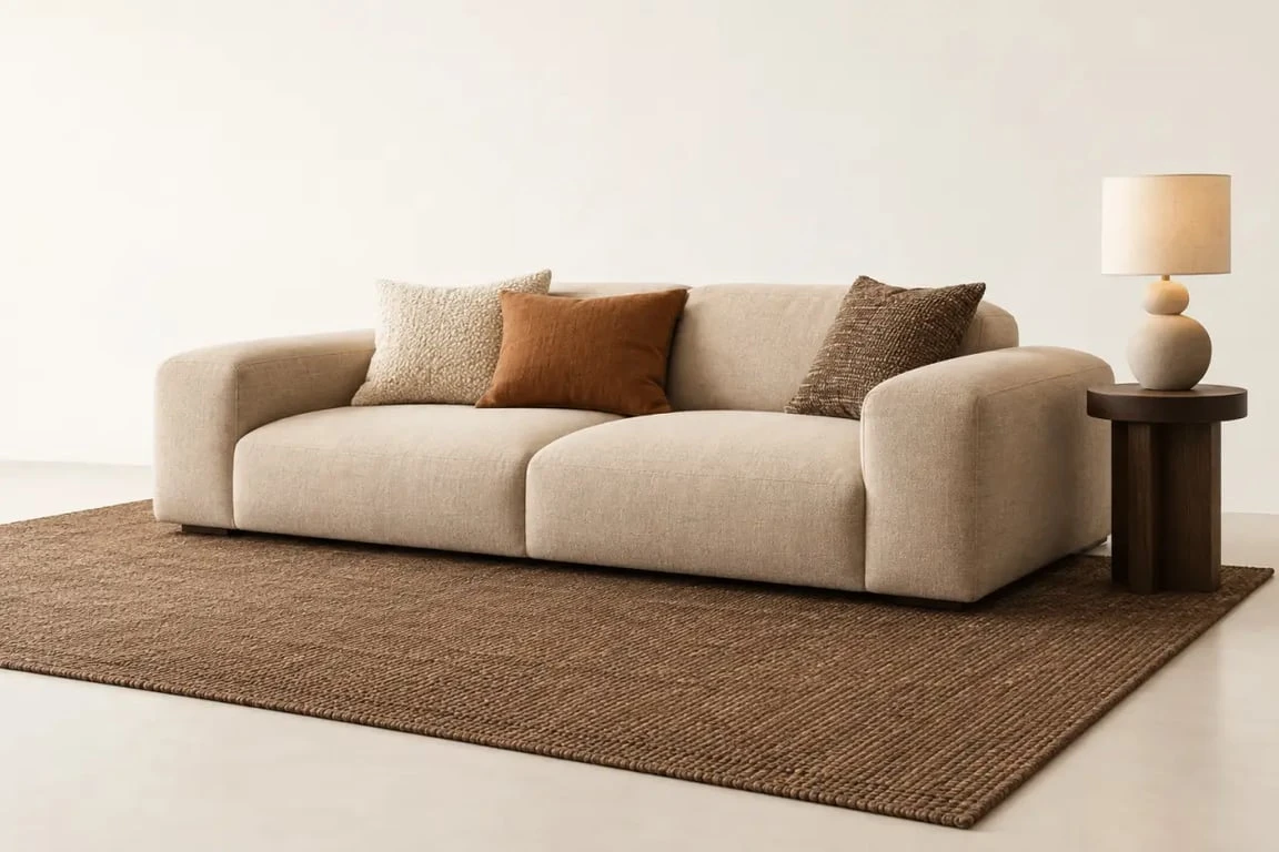Site décoration intérieur : salon contemporain avec tapis, coussins et éclairage chaleureux