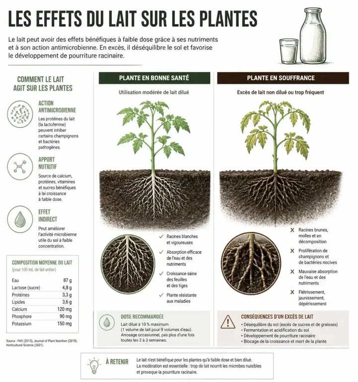 Infographie sur les risques et bénéfices du lait pour les plantes d'intérieur