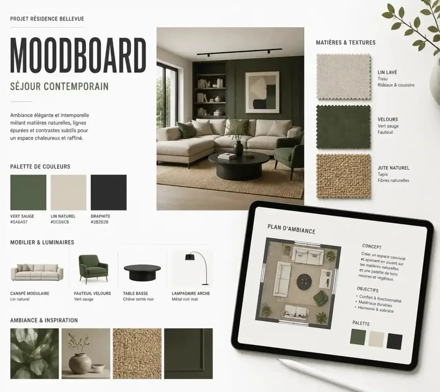 Moodboard numérique pour un projet de décoration intérieure sur une tablette