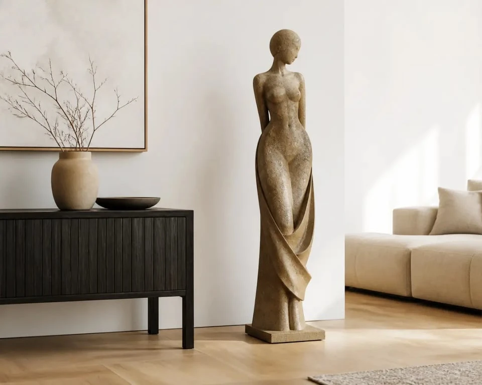 Statue décoration intérieur dans un salon contemporain aux tons neutres