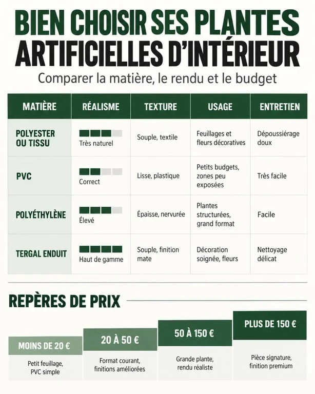 Infographie comparative des matières et prix des plantes artificielles intérieur