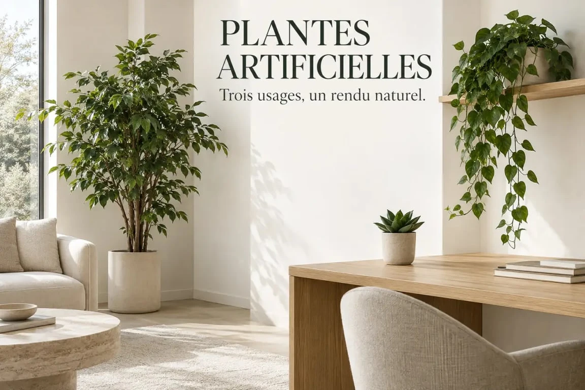 Mise en scène de plantes artificielles intérieur dans un salon, un bureau et sur une étagère
