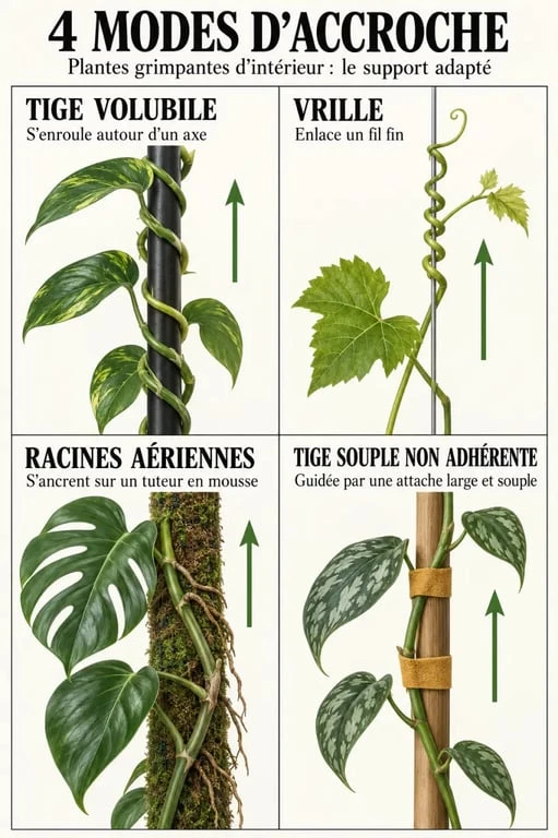 Schéma des modes d’accroche et supports pour plantes grimpantes intérieur