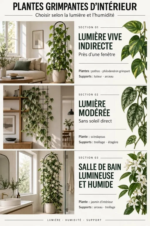 Infographie pour choisir des plantes grimpantes intérieur selon la lumière et le support