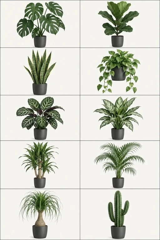 Plantes d’intérieur photos et noms : planche visuelle de dix espèces avec leurs silhouettes et feuillages caractéristiques