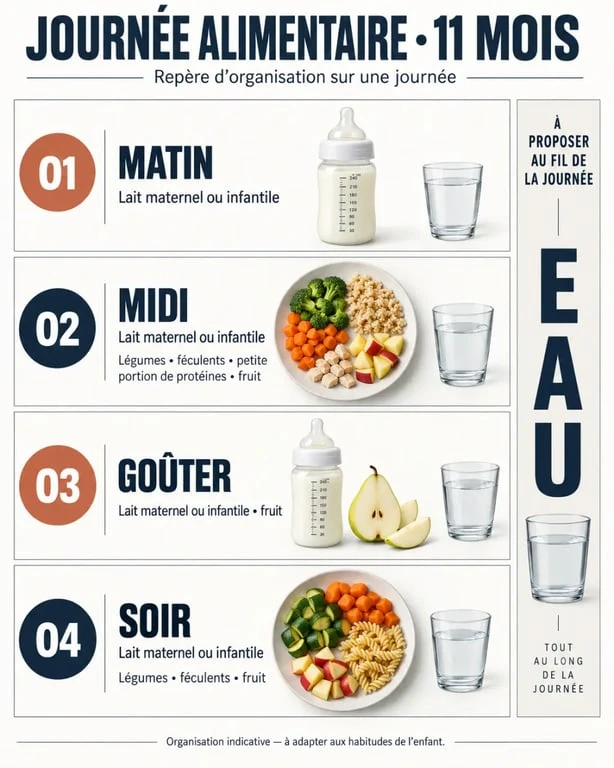 Infographie sur l’alimentation bébé 11 mois avec quatre repas, lait, solides et eau