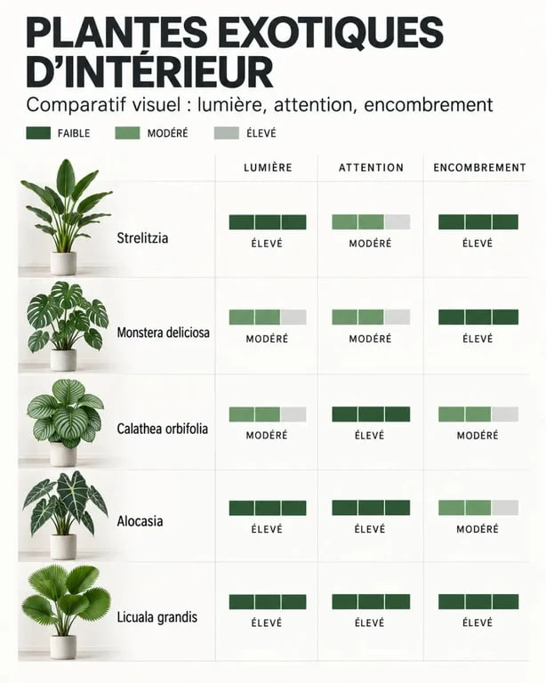 Comparaison visuelle de plantes exotiques d’intérieur selon la lumière et l’entretien