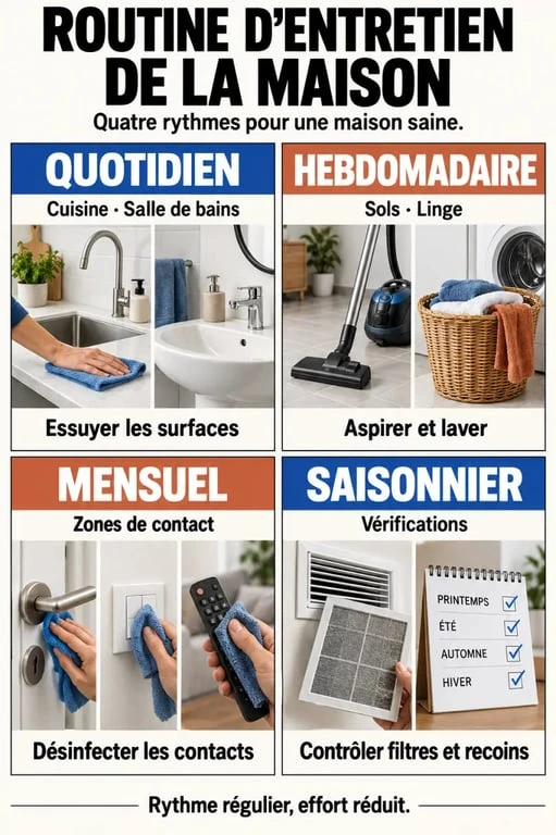 Entretien de la maison organisé entre tâches quotidiennes, hebdomadaires, mensuelles et saisonnières