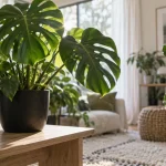 Plantes exotiques intérieur : Monstera deliciosa et Ficus lyrata en lumière naturelle