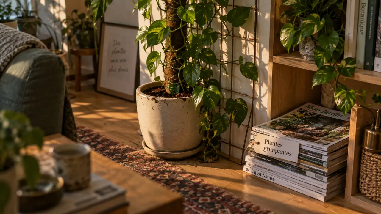 Plantes grimpantes intérieur : pothos guidé sur treillis