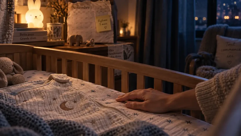 À 7 mois, le sommeil de bébé se structure autour de 14 à 15 heures et de repères simples