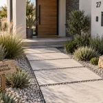 Aménagement devant maison sans pelouse : entrée minérale en dalles et gravier drainant