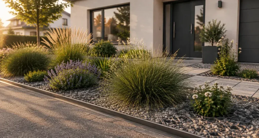 Aménagement parterre devant maison : ce que l&rsquo;exposition impose avant de choisir plantes et gravier